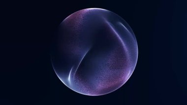Yumuşak ışık parçacıkları ile soyut koyu plazma küresi ve koyu mavi arka planda hafif parıltı. 4k 60 fps gelecekteki dijital küre animasyonu.