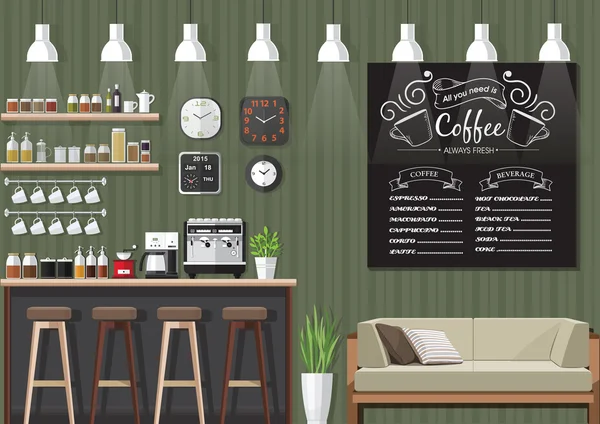 Groene koffie winkel interieur — Stockvector