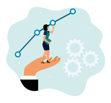 Başarıya doğru destek ve yardım. Kadın girişimciler destek, rehberlik ve başarı yolunda yükselen bir grafikle.