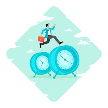 Zaman yönetimi konsepti. Takım elbiseli bir işadamı büyük saatlerin üzerinden atlıyor, zaman yönetimini, acil ve ilerlemeyi simgeliyor.. .