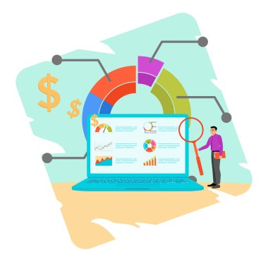 Finansal rapor konsepti ve grafik diyagramı. İşadamı bilgisayar ekranındaki mali raporu ekonomi veya bütçe analizine analiz etti.