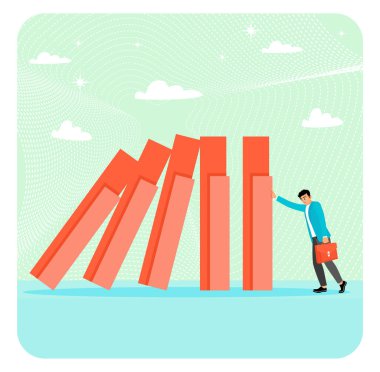 Risk yönetimi konsepti. Girişimciler düşmek üzere olan dominoları düşünür ve zapt ederler. Belirsiz ya da bilinmeyen bir tehdit iş başarısızlığına neden olur..