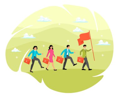 Bir liderin bir takımı başarıya götürmedeki kararlılığı. İşadamı liderinin elinde zafer bayrağı var..