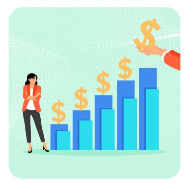 Sermaye kazancı kavramı. Kadın, borsadaki büyümeyi simgeleyen finansal büyüme tabelalarına dolar işareti koydu..