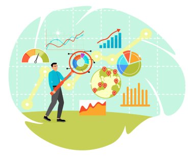 Araştırma analiz raporu konsepti. İş adamı grafikleri, grafikleri, küreyi ve veri göstergelerini incelemek için bir büyüteç kullanıyor.