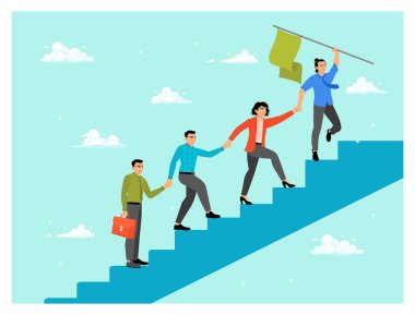 Takım desteği başarı kavramına yardımcı olur. Çeşitli profesyonellerden oluşan bir grup, ortak bir hedefe ulaşmak için birbirlerine destek vererek mavi bir merdivene tırmanıyor..