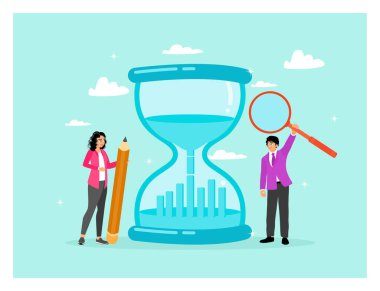 Zaman yönetimi konsepti. İki kişi proje yöneticisi kum camındaki zaman grafiğini verimliliği veya verimliliği izlemek için zamana analiz eder,