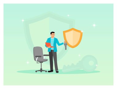 Veri erişim konsepti. Veri girişi ve siber güvenlik, elinde dizüstü bilgisayar ve güvenlik sembolü olan bir adam, veri kaybı önleme endüstrisini sembolize ediyor..