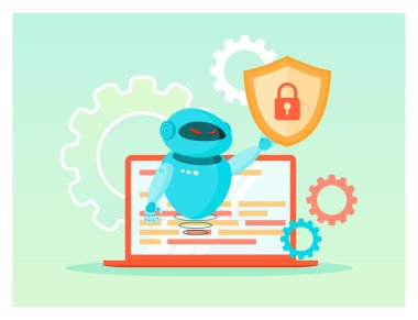 Mavi, dost canlısı bir robot kırmızı kilidi olan bir kalkanı elinde tutarak dizüstü bilgisayarın üzerinde süzülüyor. Renkli vitesler ve yumuşak bir arka plan siber güvenlik, yenilik ve dijital korumayı iletir.