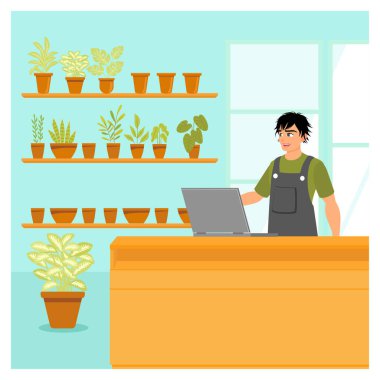 Kendine ait bir fabrika konsepti. Önlüklü gülümseyen bir adam, yeşilliklerle çevrili bir fabrikadaki bir masada dizüstü bilgisayarla çalışır..