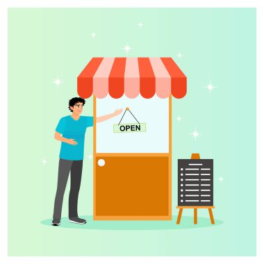 Açık Market Stall konsepti. Neşeli bir satıcı açık tabela ve karatahta menüsü olan küçük, çizgili bir tepe örtüsü tezgahının yanında duruyor..