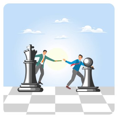 Veraset planlama konsepti. Satranç tahtasındaki bir işadamı bir kralı halefine teslim eder. Çalışanlar için destek ve rehberliği simgeliyor.