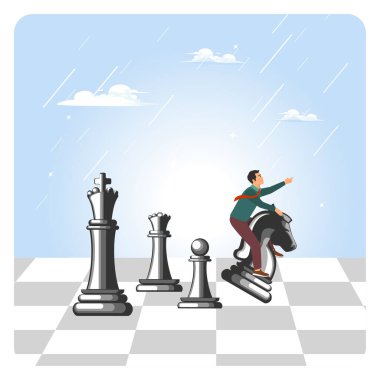 İş yarışması konsepti. Bir adam satranç taşıyla geniş bir kareli tahta üzerinde büyük satranç taşları olan bir satranç taşına biniyor..