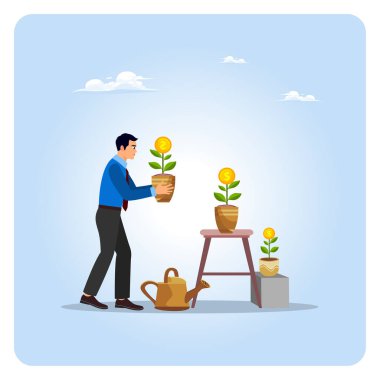 İş adamı Para Tesisleri konsepti. Bir işadamı büyümeyi, yatırımı ve finansal refahı simgeleyen para santrallerini sular ve besler.