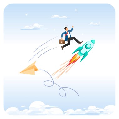 Daha iyi bir şirket konseptine dönüş. Bir iş adamı, kağıttan bir uçaktan gökyüzüne atlayan, hırsı, yeniliği ve hızlı büyümeyi sembolize eden bir deniz mavisi roketine biner..