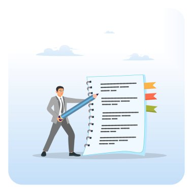 Makale konsepti. Not defterine kalem yazma mesajı tutan işadamı, belge, not ya da ders, kayıt bilgileri.