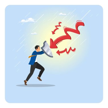 Serveti krizden ya da pazar kaybından korumak için. Kararlı bir işadamı, tehlikeli okları engellemek için bir kalkan kullanarak fırtınada karşılık verir..