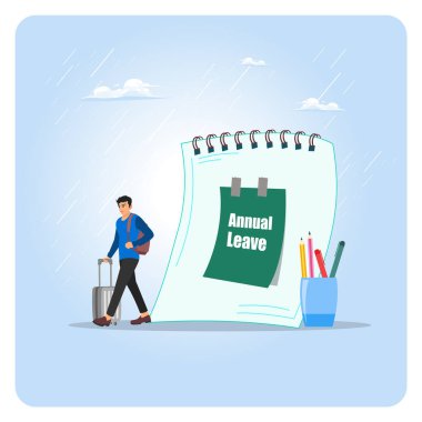 Yıllık izin konsepti. Takvimden, içinde kırtasiye malzemesi olan bir bardağın yanındaki yıllık not defteriyle çıkan mutlu işçi..