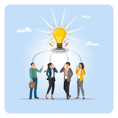 Başarı konsepti için takım çalışması yaratıcılığı ve işbirliği. Takım çalışması, modern bir iş ortamında ortak fikirleri, yaratıcılığı ve işbirliğini sembolize eden parlayan bir ampulün etrafında toplandı..