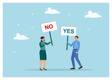 İnsanlar gösteri yapıyor. Erkekler ve kadınlar evet ve hayır işareti taşıyorlar..