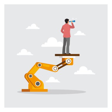 İnsanlığın kol platformunda dürbünle gözlem yapan bir iş adamı. İş ve endüstri alanlarında yapay zeka yardımı, yenilik, teknoloji ve keşif sunumu.