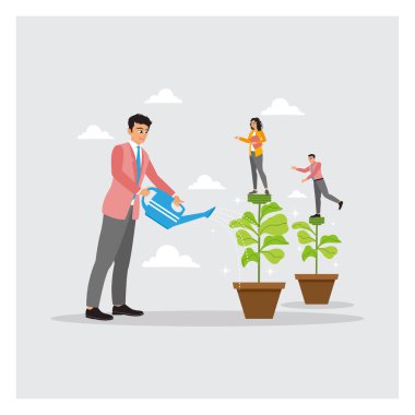 Profesyoneller, tesisleri yüksek platformlara kurdular. Takım çalışmasını, büyümeyi ve sürdürülebilir gelişimi sembolize ediyor. Kariyer gelişimi kavramı.