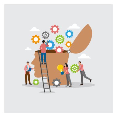 İş adamları, insan beynindeki çarkları birleştirmeye yardım ederek fikirleri formüle eder ve rafine ederler. Takım çalışmasını, yeniliği ve yaratıcı problem çözmeyi sembolize eder. Yüzde kavramı.