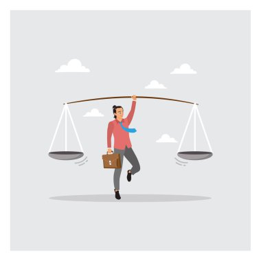 İş adamı skalayı eşit, adil bir ölçü ile karşılaştırıyor. Avantajların, dezavantajların, artıların ve eksilerin ya da ölçümlerin karşılaştırılmasını sembolize eder. Denge kavramı