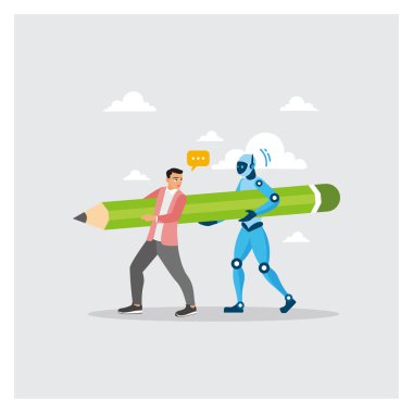 İnsan ve mavi insansı robot dev yeşil bir kalemi kaldırıyor. İnsanlarda yapay zekayı sembolize etmek, otomasyon ve robotlar insan işlerinin yerini alır. iş belirsizliği kavramı.