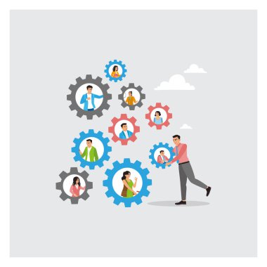 İşadamı çark dişlilerini tamir etmek için yeni bir çalışan yerleştirdi. Takımlar, insan yönetimi, kariyer geliştirme, iş pozisyonları ve verimlilik için çözümler sunar. Akıllı yardım kavramı.