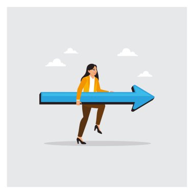 İş kadını önünü gösteren büyük mavi bir ok tutuyor. Yönü, ilerlemeyi ve başarıyı simgeliyor. Liderlik, büyüme ve hedef odaklı temalar için ideal. Akıllı yardım kavramı