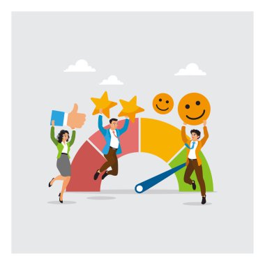 Başparmakları havada iş adamları, yükselen yıldızlar ve renkli bir başarı göstergesinin yanında büyük gülen yüzler. Takım çalışması, motivasyon ve olumlu iş sonuçları. Akıllı yardım kavramı.