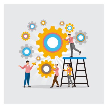 İş adamları dişli dişliyi harekete geçirmek için birlikte çalışırlar. Takım çalışmasını, organizasyonu, çalışan işbirliğini ve başarı sürecini tanımlar. işbirliği kavramı.
