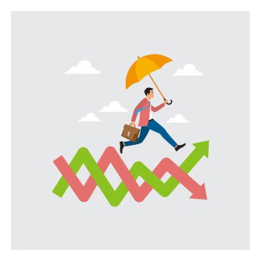 İş adamı şemsiyelerle uçucu bir grafikte çalışıyor, borsada hayatta kalıyor ve gelişiyor. Piyasa dalgalanmaları ve finansal zorlukları açıklıyor. Hedef konseptine ulaş.