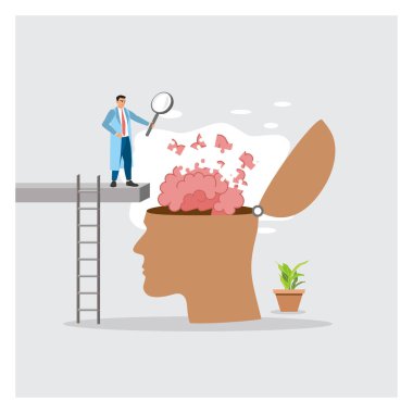 Büyüteci olan doktor hafıza kaybı yaşayan hasta beynini analiz ediyor. Zihinsel hastalıklar, düşünme, hafıza bozuklukları, psikoloji ya da anksiyete. Başarı yetenek konsepti.