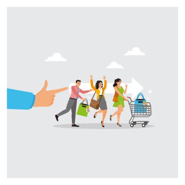 Çanta ve alışveriş arabası taşıyan bir grup arkadaş ve meslektaşı işaret ediyor. Momentum yakalamak, takım çalışması ve ortak alışveriş deneyimi. Başarı yetenek konsepti