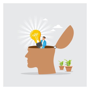 Parlayan bir ampulle açık bir kafanın içinden çıkan bir iş adamı. Parlak fikirleri, stratejik düşünmeyi, büyümeyi ve problem çözmeyi temsil ediyor. Başarı yetenek konsepti.