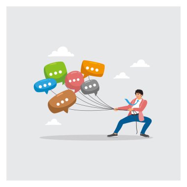 İş adamı konuşma balonlarını yönetir. İletişim, halkla ilişkiler, fikir paylaşımı ve ofis ortamında takım çalışması. Yönetim, kariyer geliştirme kavramı.