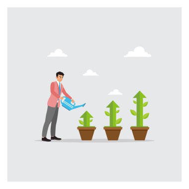 İşadamı saksı bitkilerini ve yeşil büyüyen okları suluyor. Büyüyen iş, artan gelir, kişisel kalkınma, yatırım ve refah eğilimleri. Kariyer geliştirme kavramı.