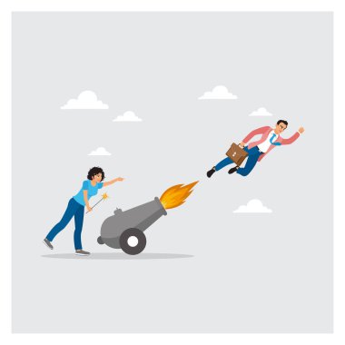 Kadın iş adamını vurmak için ateş topu atıyor. Kariyerindeki ilerlemeyi, verimliliği arttırmayı ve girişimciliği tanımlıyor. Kariyer geliştirme stratejisi.