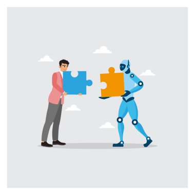 İş adamı ve yapay zeka robotu büyük yapbozu birbirine bağlar. Yenilikçilik, problem çözme, yapay zeka, işbirliği, otomasyon ve çözümler. Geliştirme kavramı.