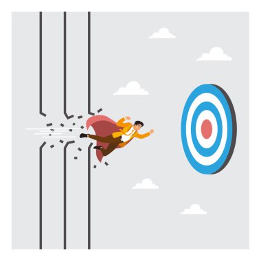 İş adamı süper kahraman hedefe ulaşmak için engelleri aşıyor. İfadeler zorlukların üstesinden gelir, başarıya giden zorluklar, hedeflere ulaşmak ve hırs. Geliştirme kavramı.