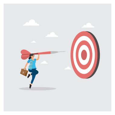 Kararlı bir kadın uzak bir hedefi hedef alan büyük bir okla ileri doğru hamle yapar. Hedef arayışı, odaklanma ve hırsı sembolize ediyor. Hedef veya amaç kavramı.