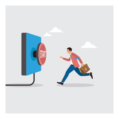 Bir başlatma düğmesine basmak için büyük bir kırmızı başlatma düğmesine doğru koşan bir işadamı. Fırlatma anını, kararlılığı, yeni bir iş kurma ve bir proje başlatma anını tanımlar. Geliştirme kavramı.