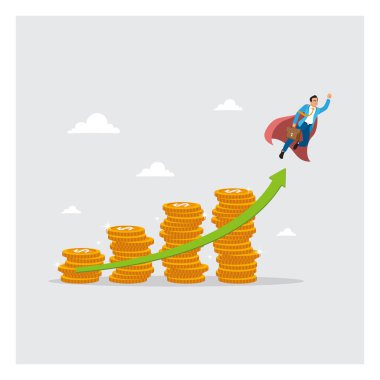İşadamı süper kahraman okla birlikte para yığını uçuruyor. Yatırımları, para artışını, artan karı, finansal planlamayı ve zenginlik birikimini gösteriyor. Kariyer fırsatı konsepti.