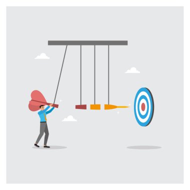 İş adamı, dev dart sarkacını hedefe ulaşmak için zorladı. İş ivmesini, hedeflere ulaşma motivasyonunu, hırsı ve hedefleri tutkuyla takip etmeyi tanımlar. Kariyer fırsatı konsepti.