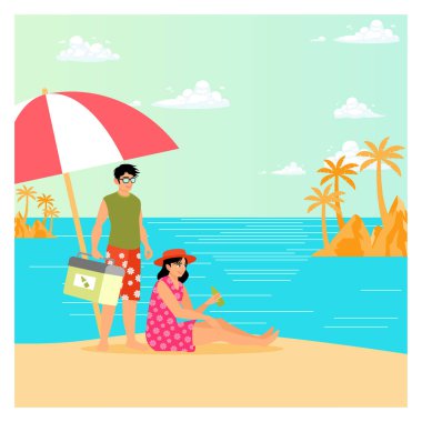 Plaj pikniği. Genç çiftler, tropik adalar, palmiye ağaçları ve sakin turkuaz suyla güneşli bir plaj gününün tadını çıkarırlar. Kaygısız bir tatil ortamı yaratırlar..