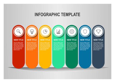 Canlı Bilgi Şablonu. Kırmızı, turuncu, sarı, yeşil, deniz mavisi ve deniz mavisi olmak üzere yedi dikey, yuvarlak paneli içeren parlak bilgi şablonu.