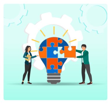 Problem çözme konsepti. Bir adam ve bir kadın bulmaca ampulü tutuyor, bir kadın belgeyi tutuyor ve bir erkek ampulü tamamlamak için bulmaca parçalarını uydurmaya çalışıyor..