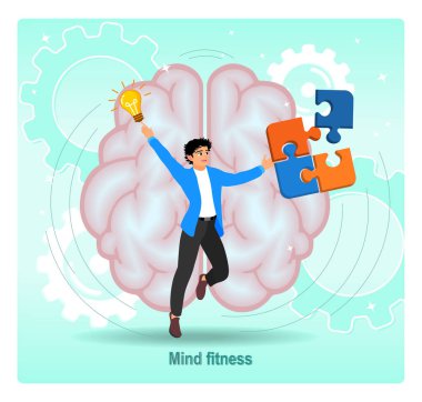 Zihin zindeliği kavramı. İnsan beyninin yakınında yapboz tutan gülümseyen bir adam psikolojik sorunları çözüyor..